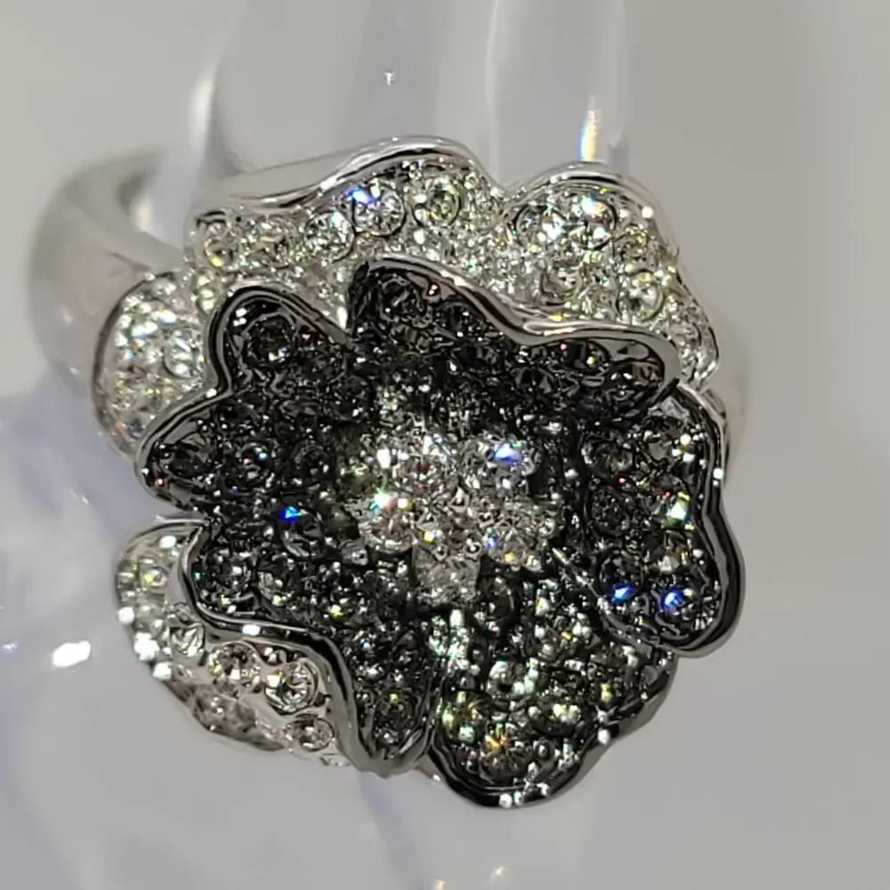 Vintage Nolan Miller Black & Clear Pave Crystal Flower Ring